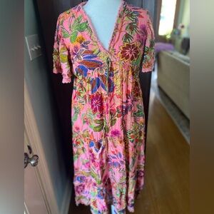 Pink Tropical Floral Boho Maxi Dress XL Tassel Tie Cottagecore Festival Fairy